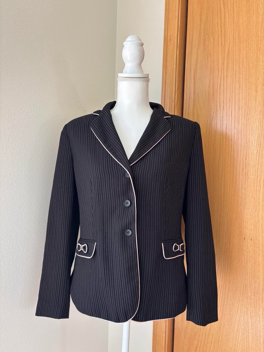 Dress Barn Black Pinstripe Blazer with White Piping